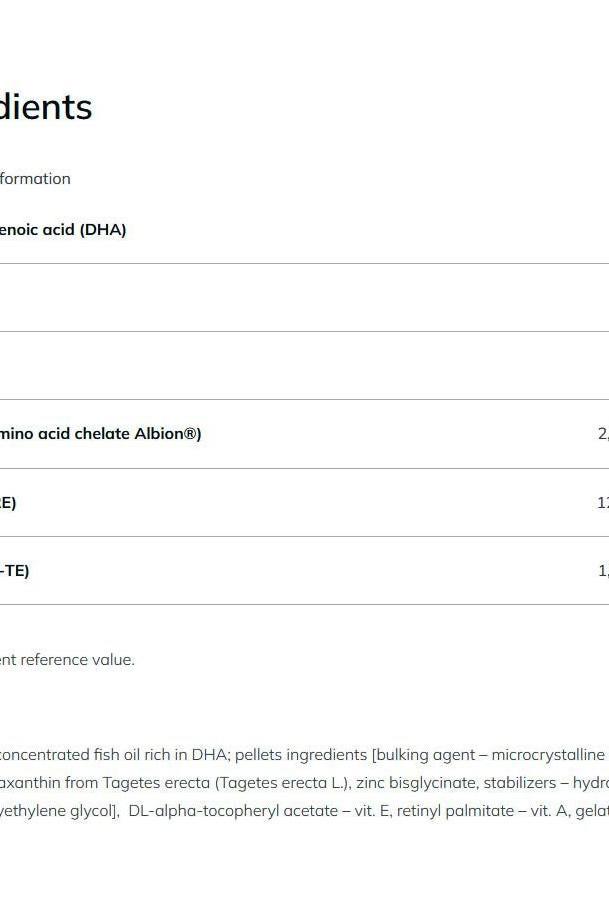 Ingredient list for Olimp Labs Gold Lutein capsules, detailing nutritional components and benefits.