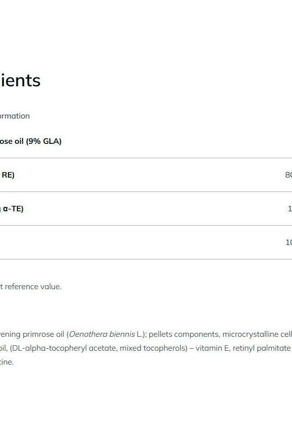 Nutritional information for Olimp Labs Gold-Vit A + E showing ingredients and their amounts per capsule.