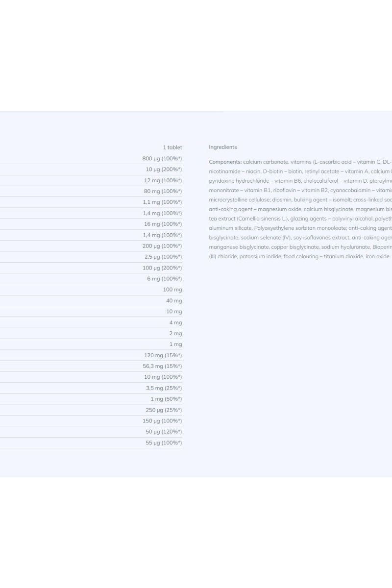 Ingredient list for Olimp Labs Gold-vit for Women, showcasing vitamins and minerals essential for women's health.