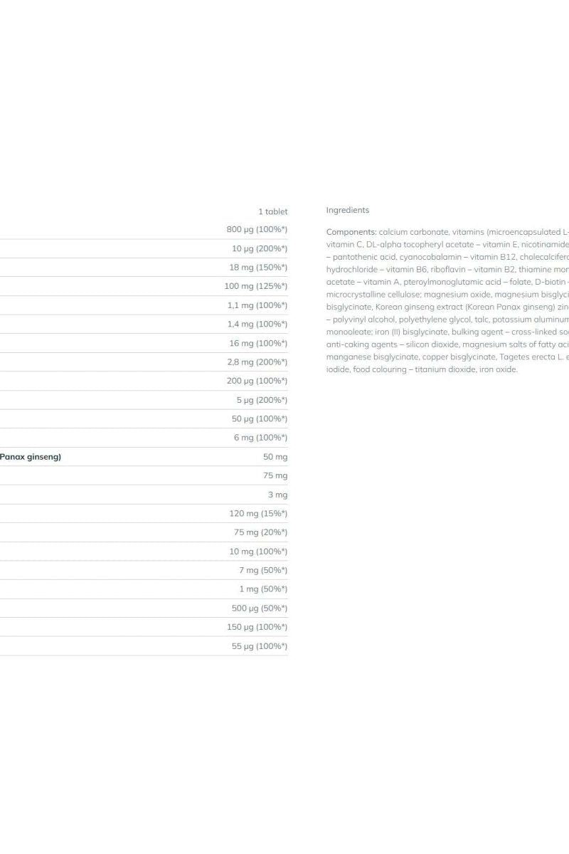 Ingredient list for Olimp Labs Gold-Vit Senior tablets showcasing vitamins and minerals included.
