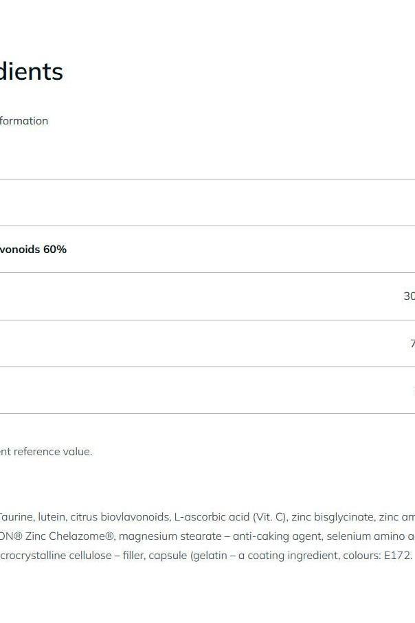 Ingredient list for Olimp Labs Lutein Bio-Complex, highlighting key components and their quantities.