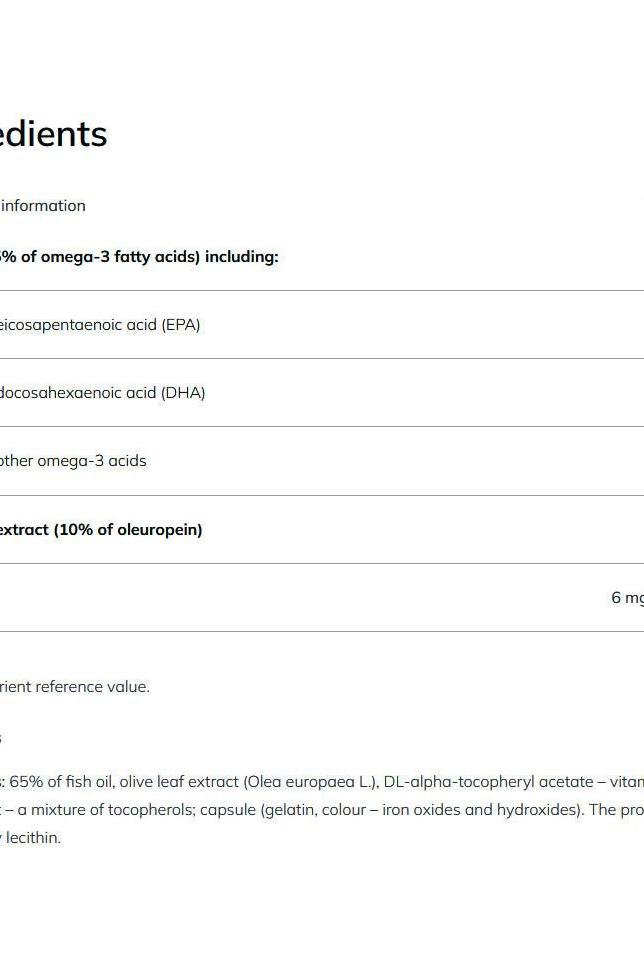 Ingredients list for Olimp Labs Omega 3 Plus including EPA, DHA, and olive leaf extract.