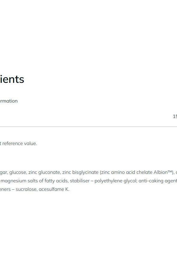 Ingredient list for Olimp Labs ZINXAVir Immuno lozenges including zinc sources and additives.