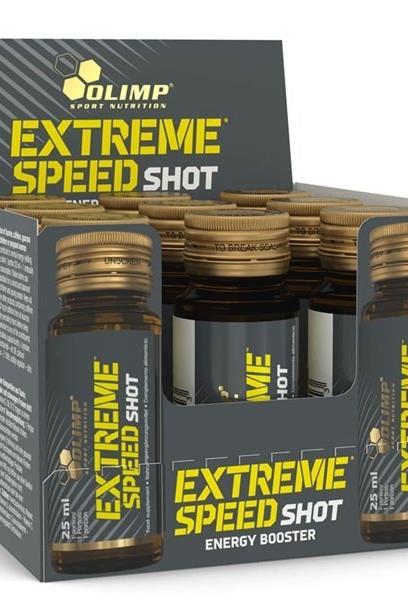 Olimp Nutrition Extreme Speed Shot energy booster ampoules in a box for enhanced performance and focus.