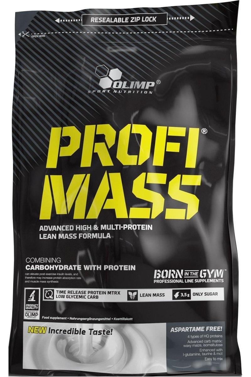 Olimp Profi Mass protein supplement bag designed for muscle gain and recovery, featuring a resealable zip lock.