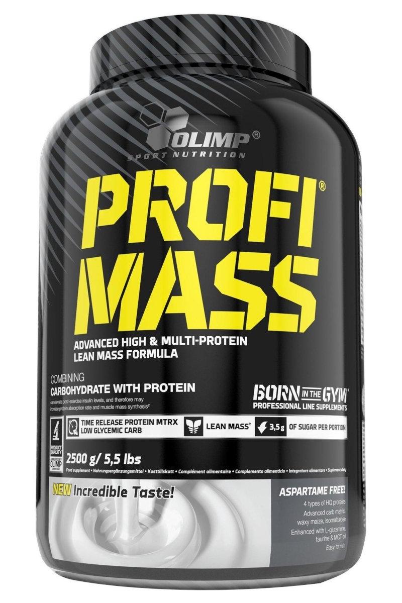 Olimp Profi Mass protein powder container, advanced formula for lean muscle gain and recovery.