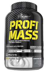 Olimp Profi Mass protein supplement for lean muscle mass gain, featuring advanced protein matrix and essential vitamins.