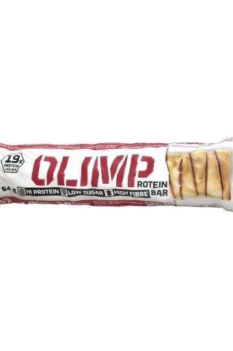 Olimp Protein Bar packaging showcasing high protein, low sugar, and high fiber content, perfect for healthy snacking.