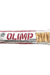 Olimp Protein Bar packaging showcasing high protein, low sugar, and high fiber content, perfect for healthy snacking.