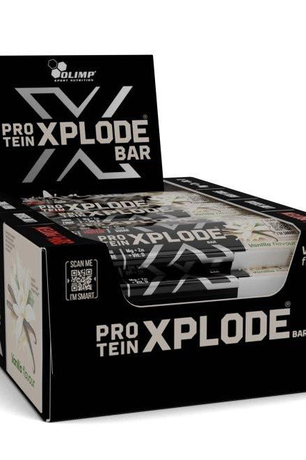 Olimp Protein Xplode Bar box displaying high protein snack bars with various flavors and nutrition info.