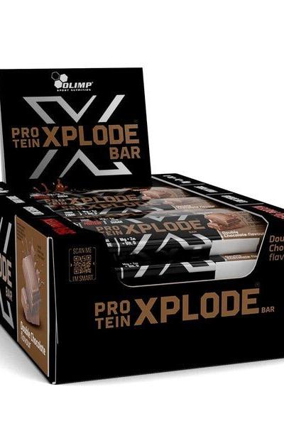 Olimp Protein Xplode Bar display box showcasing flavors and high protein content.