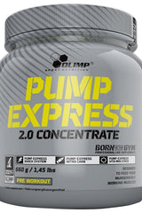 Olimp Pump Express 2.0 Concentrate pre-workout supplement in a gray container with yellow text.