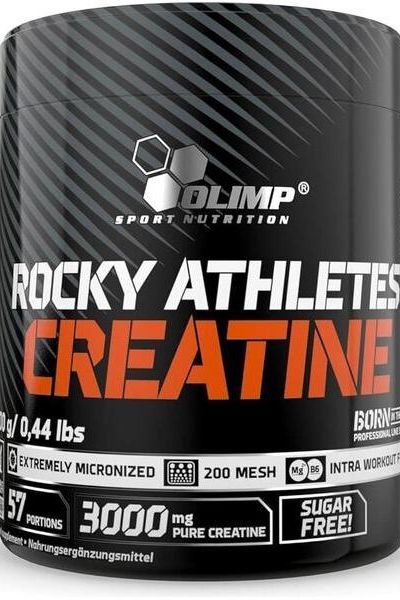 Olimp Rocky Athletes Creatine powder container highlighting benefits for athletes.