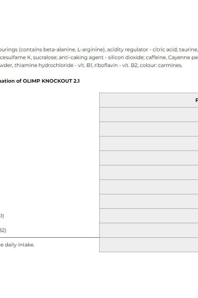 Nutritional information for Olimp Sport Knockout 2.1 pre-workout supplement with ingredients list and daily intake guide.