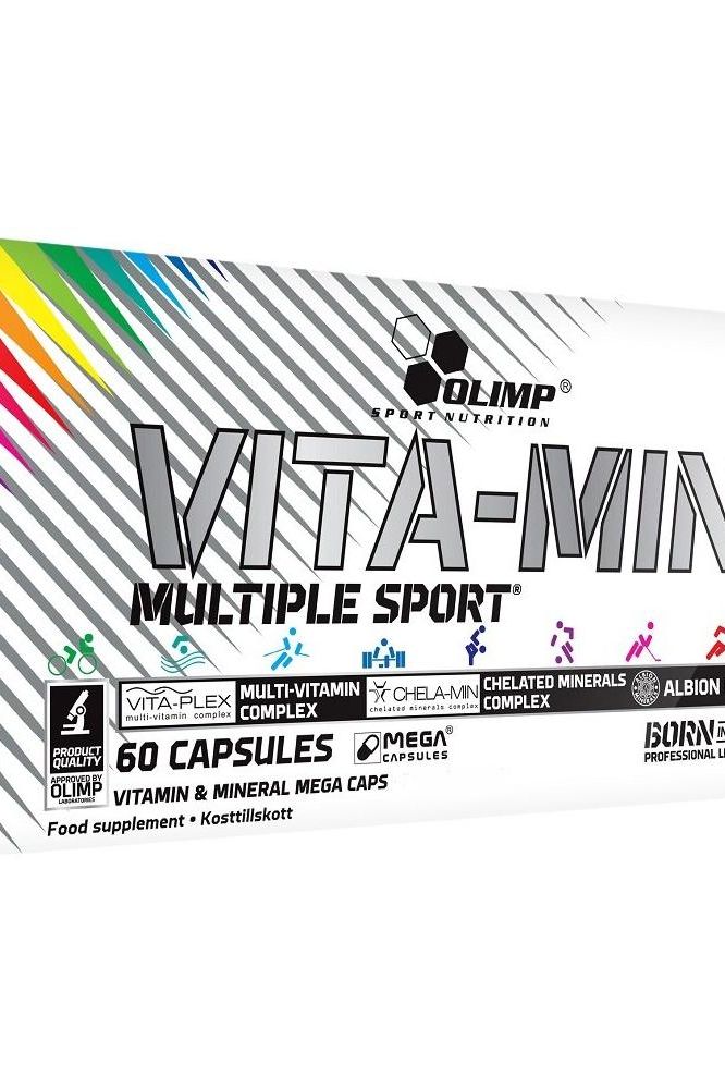 Olimp Vita-Min Multiple Sport supplement packaging with 60 capsules, featuring a multivitamin complex for athletes.