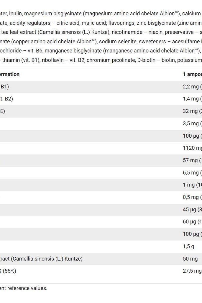 Nutrition facts panel for Olimp Vita-Min Multiple Sport Shot showing ingredients and values.