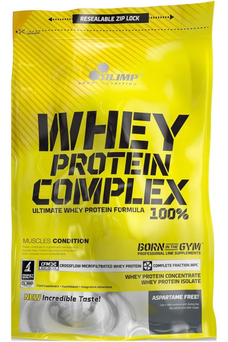 Olimp Whey Protein Complex 100% packaging highlighting muscle conditioning and high-quality whey protein.