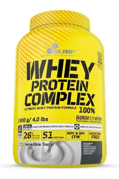 Olimp Whey Protein Complex 100% in a yellow container, ideal for muscle building with low calories and sugar.