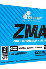 OLIMP ZMA supplement box with zinc, magnesium, and vitamin B for muscle recovery and support, 120 capsules.