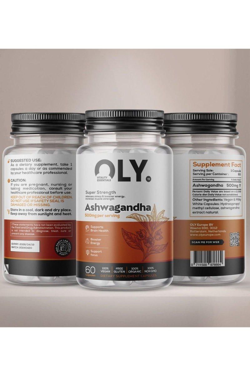 Oly Ashwagandha supplement bottle, 500mg, 60 vcaps, promoting brain health and energy boost.