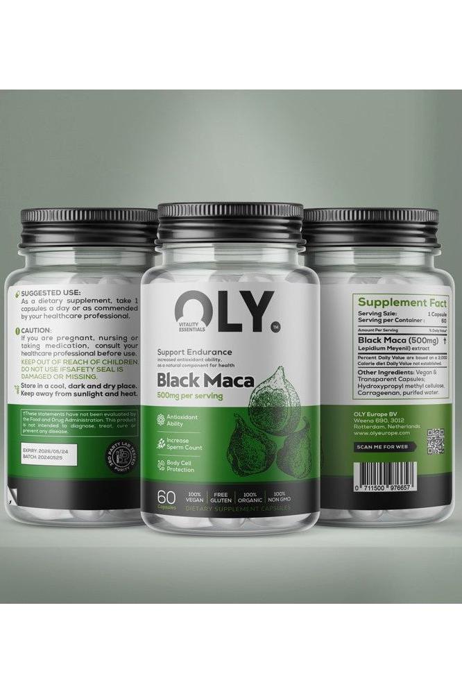 Oly Black Maca 500mg supplement bottle, 60 vegan capsules for endurance support, featuring health benefits.