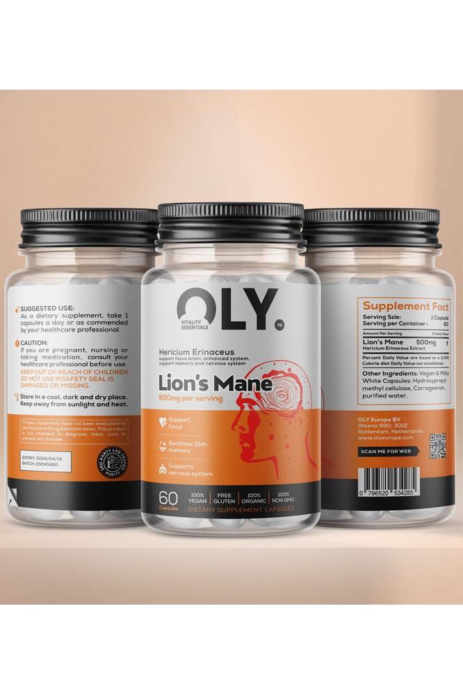 Oly Lion's Mane 500mg supplement bottle with transparent design and clear ingredient information.