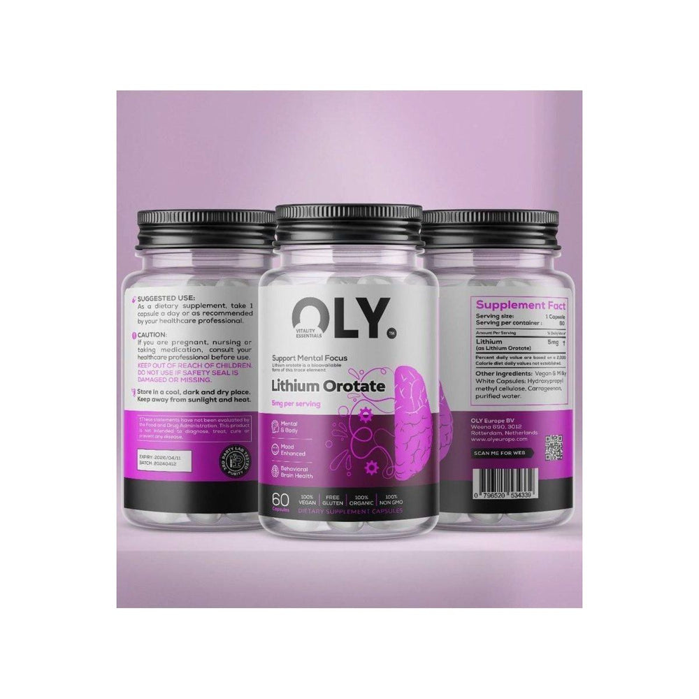 OLY Lithium Orotate 5mg 60 vcaps supplement bottle for mental health support and cognitive function.