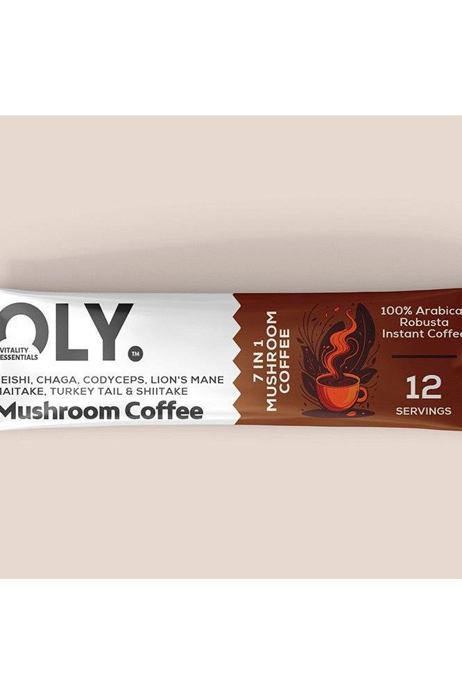 Oly - Mushroom Coffee (7 in 1) packet, featuring various mushrooms and instant coffee blend for health benefits.