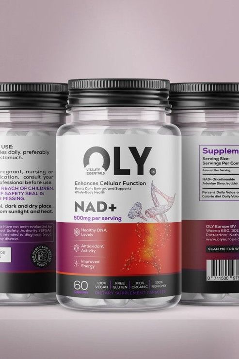 Oly NAD+ 500mg supplement bottle, enhances cellular function and energy, 60 vegan capsules.