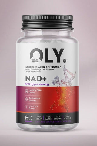 Oly NAD+ 500mg supplement bottle, enhances cellular function, supports energy, gluten-free, 60 vegan capsules.