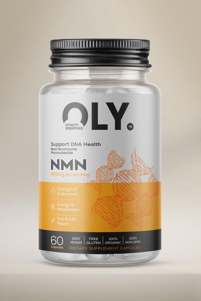 Oly NMN supplement bottle 500mg, 60 capsules for DNA health, strength, endurance, and energy.
