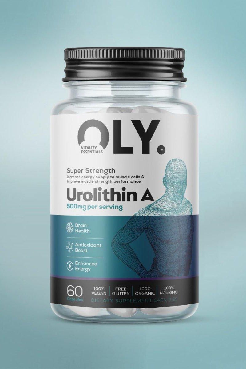 Oly Urolithin A supplement bottle, 500mg, 60 vegan capsules, supports muscle strength and brain health.