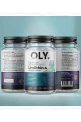 Oly Urolithin A supplement bottle, 500mg, 60 vegan capsules for enhanced muscle strength and brain health.