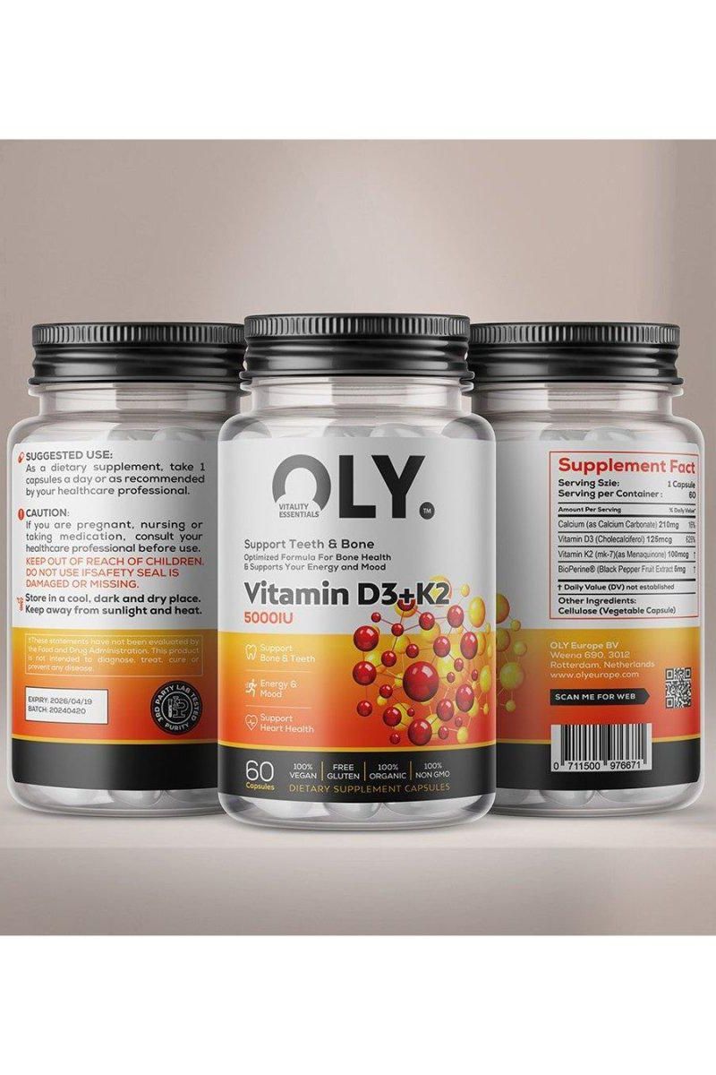 Oly Vitamin D3+K2 supplement bottle, 5000IU, supports bone and heart health, 60 vegan capsules.