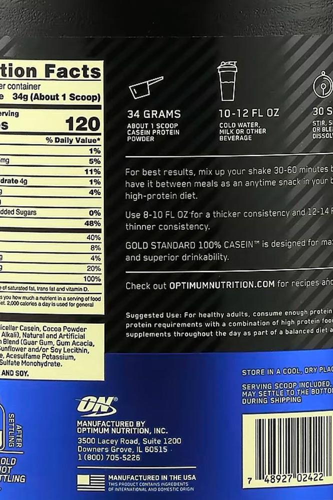 Nutrition facts label for Optimum Nutrition Casein Gold Standard protein powder, highlighting protein content and serving size.