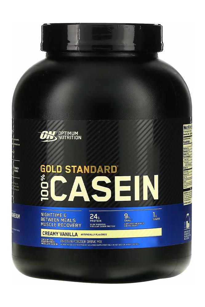 Optimum Nutrition Gold Standard Casein protein powder jar in creamy vanilla flavor for muscle recovery.