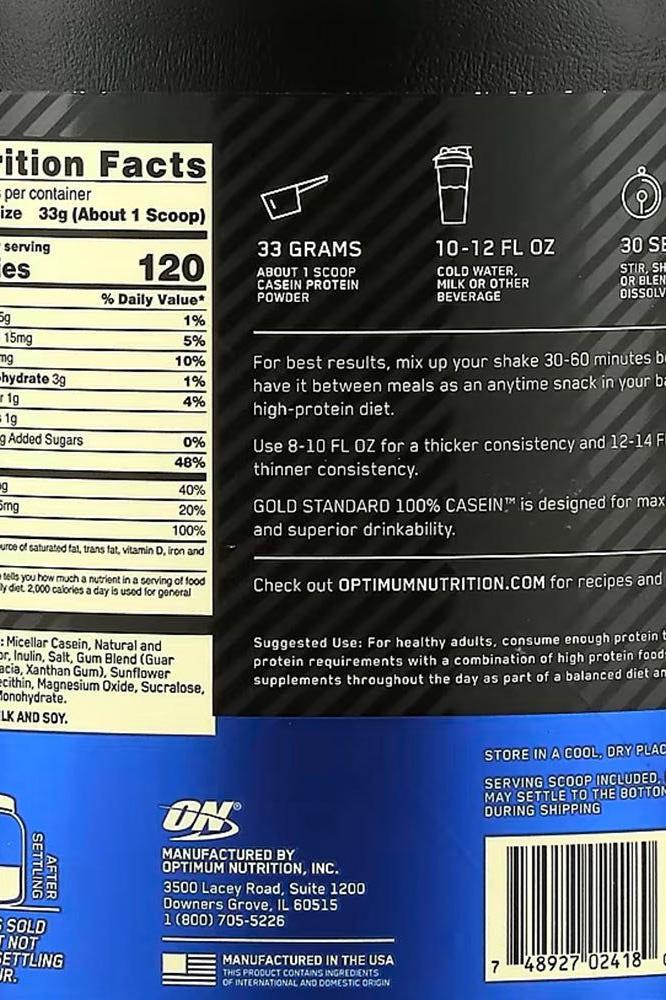 Nutrition facts label for Optimum Nutrition Casein Gold Standard, detailing protein, servings, and usage instructions.
