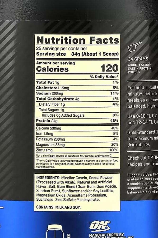 Nutrition facts label for Optimum Nutrition Casein Gold Standard protein powder.