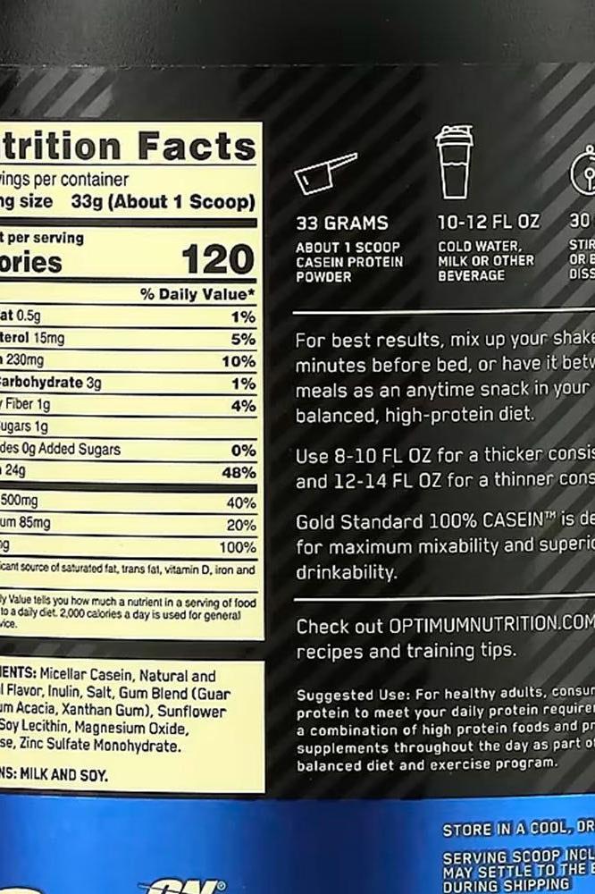 Nutrition facts label for Optimum Nutrition Casein Gold Standard protein powder, showing serving size and protein content.