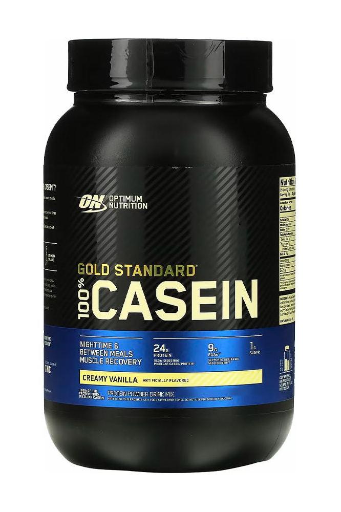 Optimum Nutrition Casein Gold Standard protein powder, creamy vanilla flavor, 24g protein for muscle recovery.