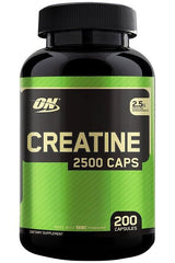 Optimum Nutrition Creatine 2500 caps dietary supplement bottle with 200 capsules for improved energy and performance.