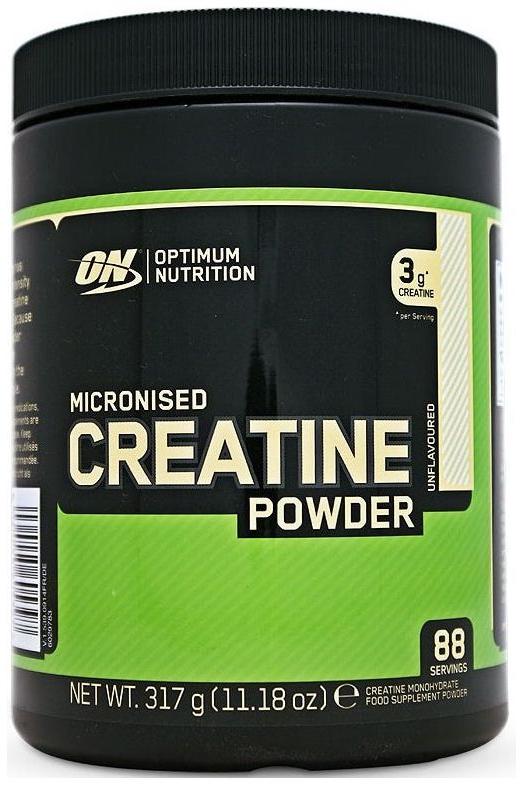 Optimum Nutrition Creapure Creatine Powder in black container, 317g, unflavored, boosts muscle power, 88 servings.