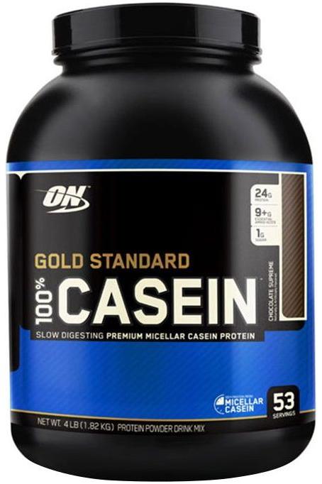 Optimum Nutrition Gold Standard 100% Casein protein powder, 24g protein, 0.5g fat, slow-digesting for muscle growth.