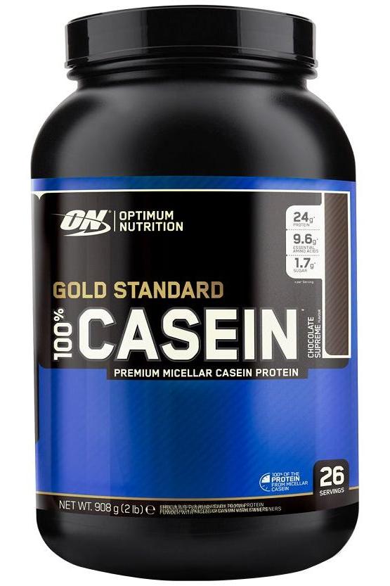 Optimum Nutrition Gold Standard 100% Casein protein powder tub, 2 lb, 24g protein per serving, chocolate flavor.