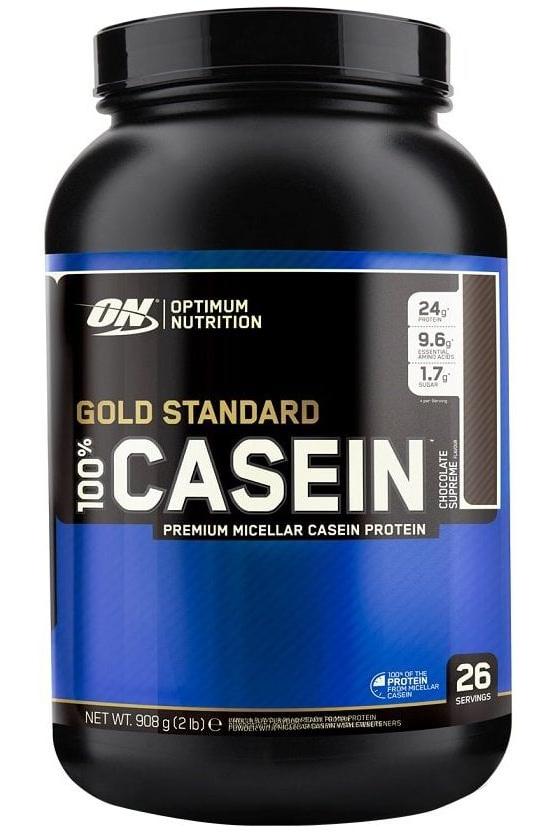 Optimum Nutrition Gold Standard 100% Casein protein powder with 24g micellar casein, 908g container.