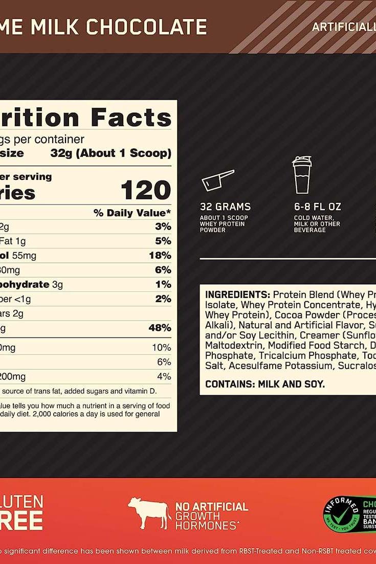 Nutrition facts label for Optimum Nutrition Gold Standard 100% Whey in chocolate flavor with serving size and ingredients.