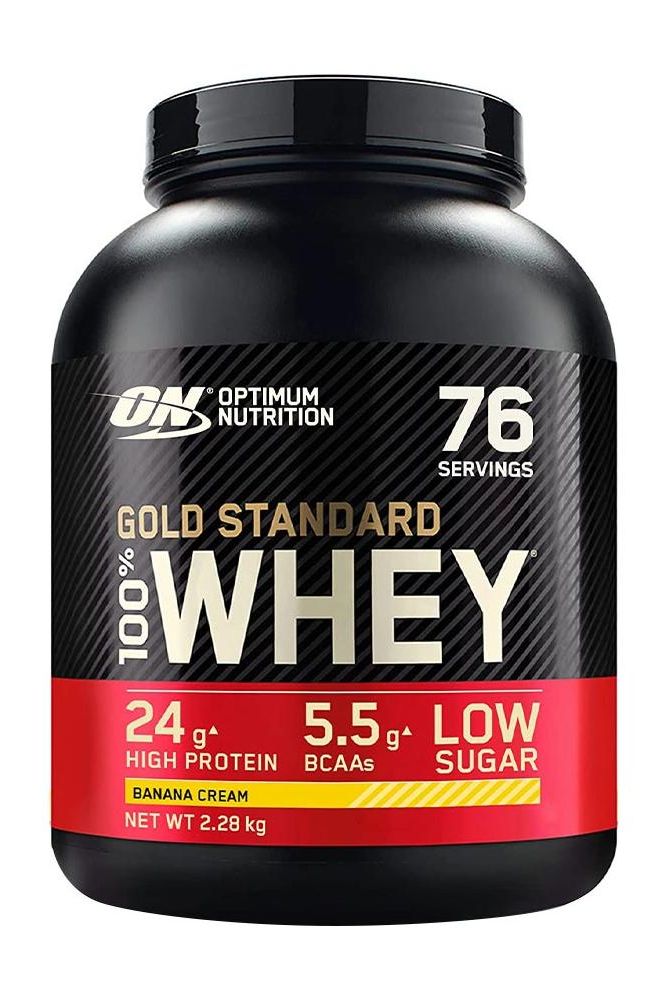 Optimum Nutrition Gold Standard 100% Whey protein powder in Banana Cream flavor, 24g protein per serving, 76 servings.