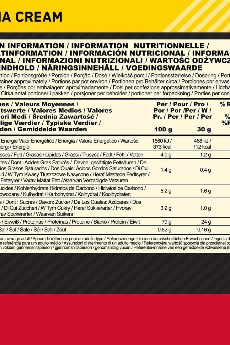 Nutrition facts panel for Optimum Nutrition - Gold Standard 100% Whey, detailing serving size and nutritional values.