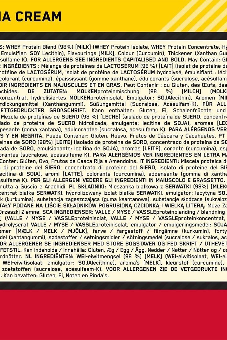 Ingredients list for Optimum Nutrition Gold Standard Whey, featuring whey protein isolate and allergens.