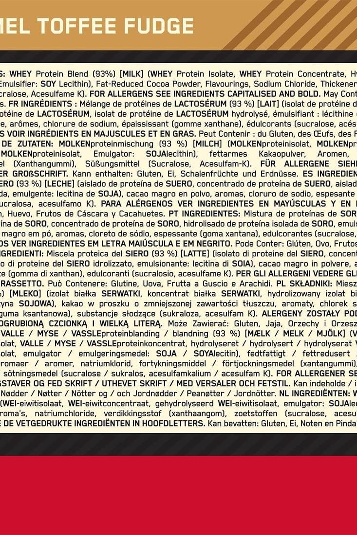 Label for Optimum Nutrition Gold Standard Whey protein powder in Toffee Fudge flavor with ingredient list.